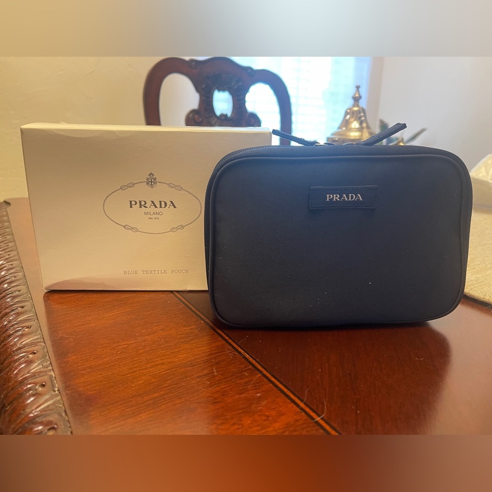 Prada Blue Textile Pouch Makeup Toiletry Bag Nylon Brand New